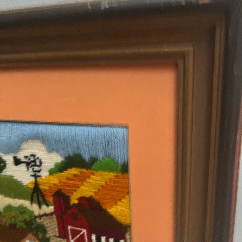 Vintage 90s Artisan Needlepoint Framed Farmhouse Scene - Picture 4 of 16